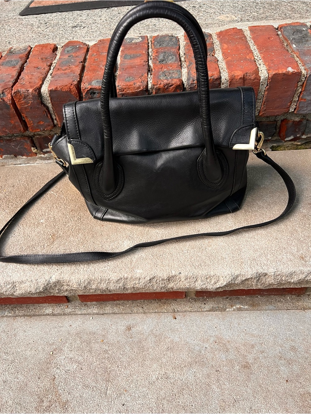 Foley + Corrina Black Vintage Leather Satchel Handbag with Gold Hardware